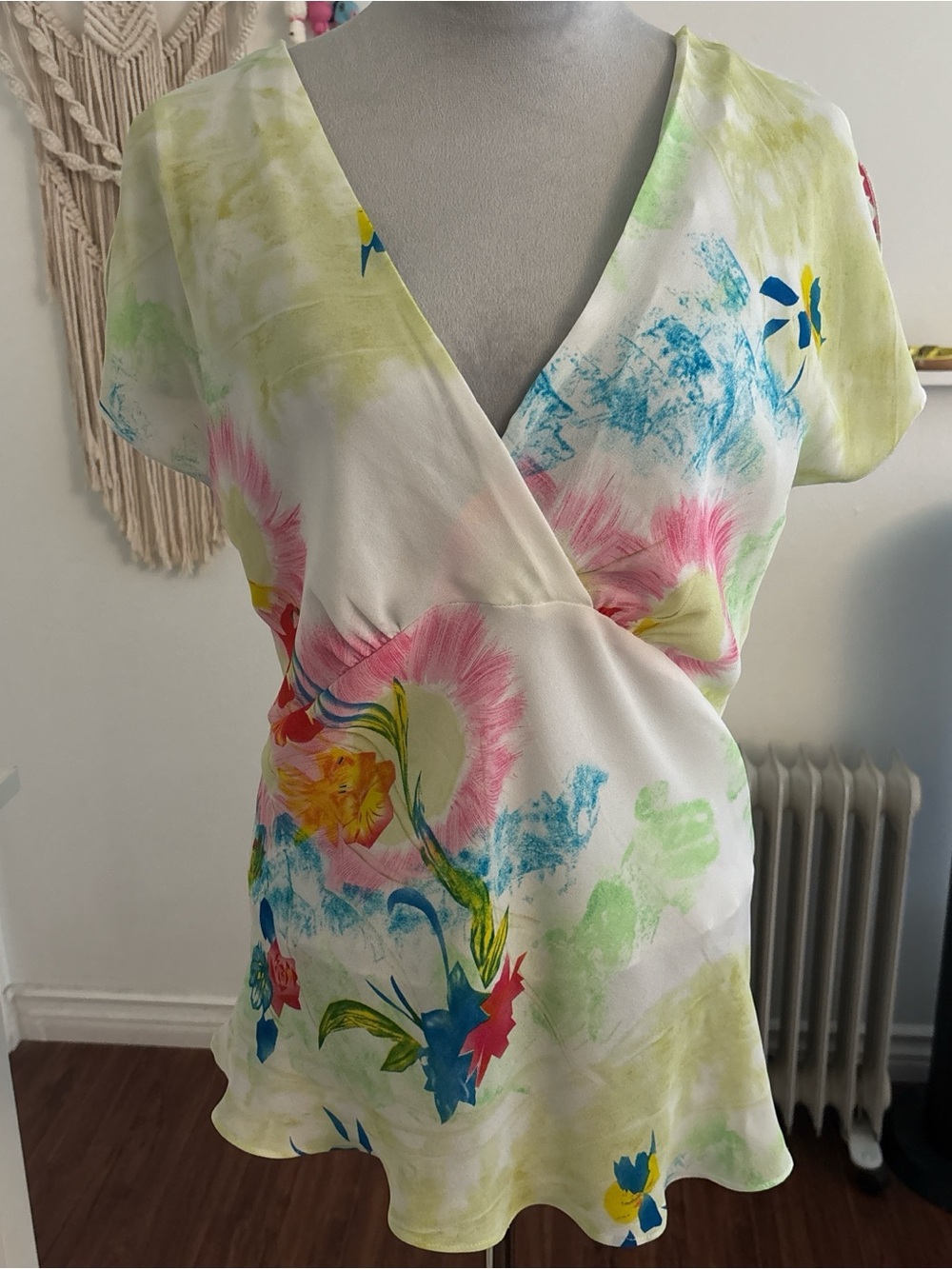 Floral Wrap V-Neck Blouse - White with Pink & Blue Floral Print